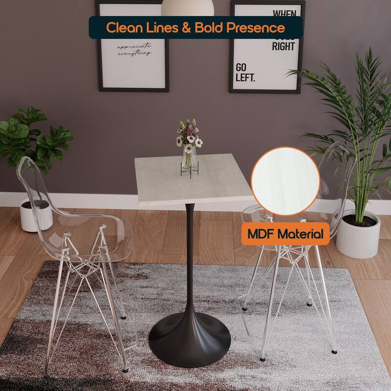 Verve 43 in. Tall Bar Height Dining Table Square MDF Wood Tabletop in White Stainless Steel Pedestal Base Accent Bar Table