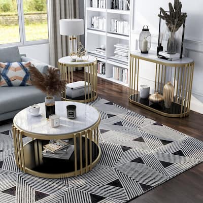Roberts Glam White Steel 3-Piece Accent Table Set with Shelf by Furniture of America