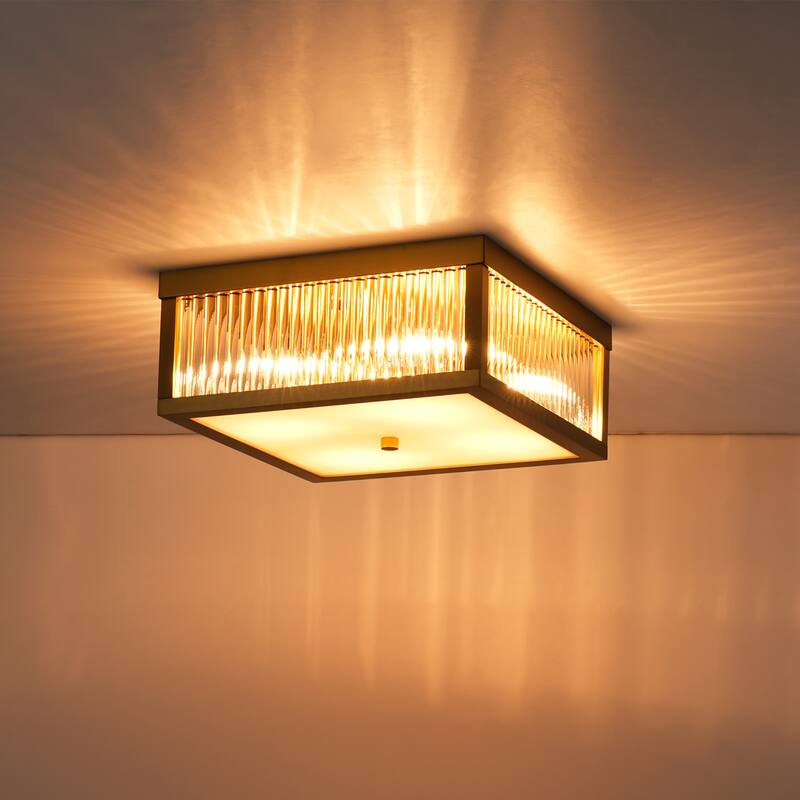 12.2 in. 4-Light Industrial Black/Gold Square Flush Mount Ceiling Light with Clear Glass Rods