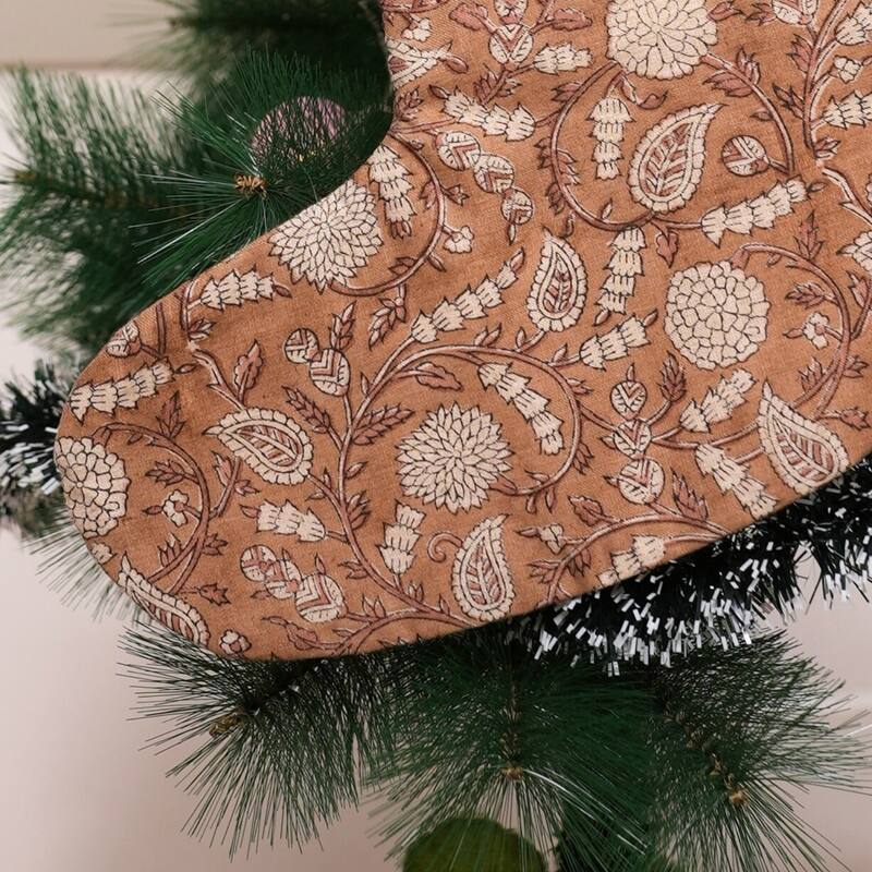 Fabdivine Handmade Christmas Stocking Floral Block Print 10X4.5 Inch Tassel Loop for Home Décor - 10"X4.5"