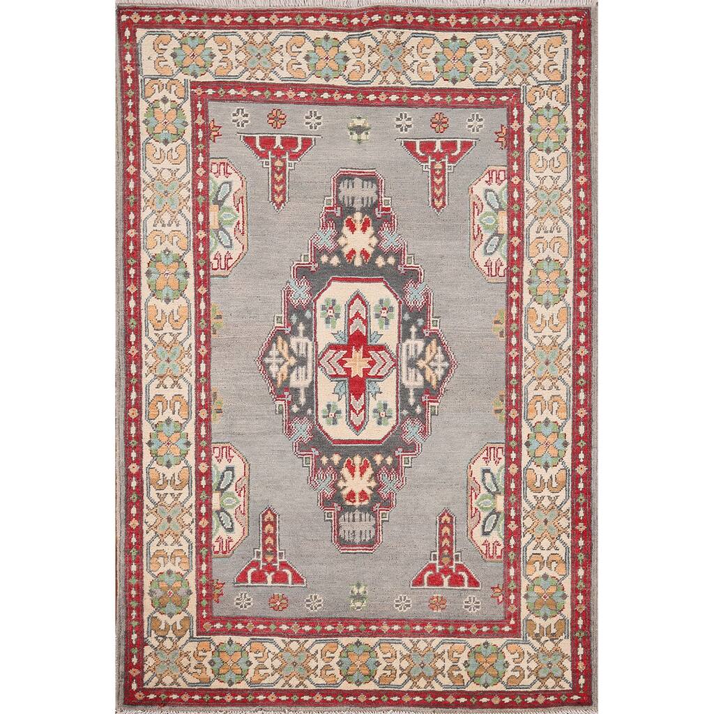 Gray Geometric Kazak Foyer Rug Handmade Wool Carpet - 3'4" x 4'10"