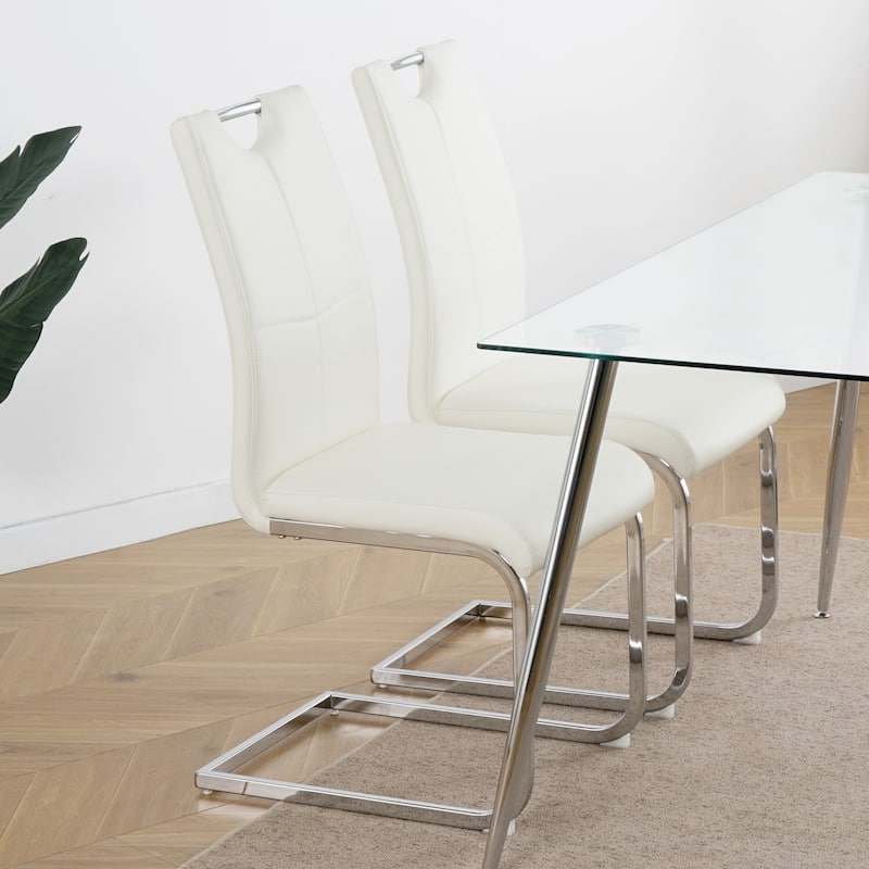 Set of 2 Modern Faux Leather Dining Chairs with Metal Legs - White/Silver