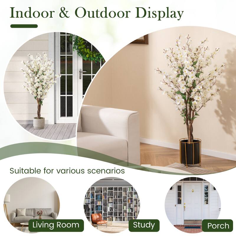 Gymax 2PCS 47'' Artificial Winter Sweet Tree Faux Plum Blossom Plant