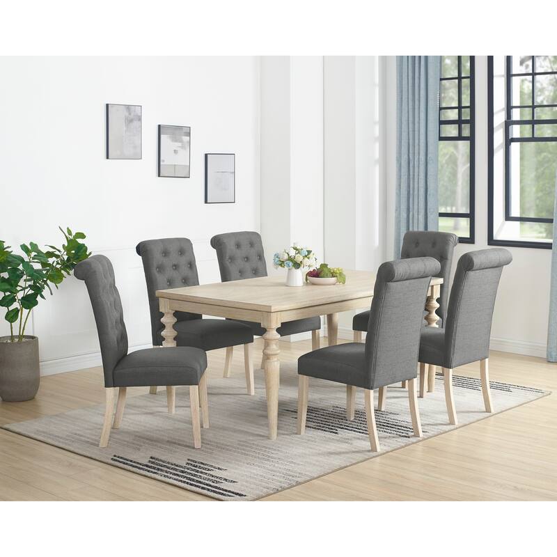 Modern Dining Table and Chairs Set Home Party Dining Table and Chairs Set with 6 Tufted Chairs and Turned Leg for Kitchen - Natural