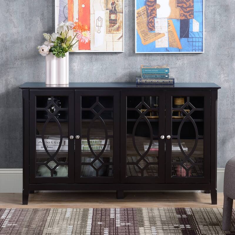 HOMCOM Wood Accent Sideboard Buffet Serving Storage Cabinet with 4 Framed Glass Doors, Adjustable Shelves - 54"W x 15.5"D x 32"H