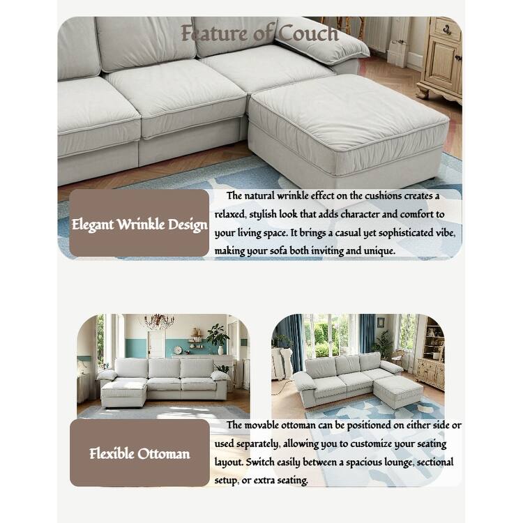 Upholstered L-Shaped Sectional Sofa Couch with Ottoman, Modern Fabric Deep Seat Sofa