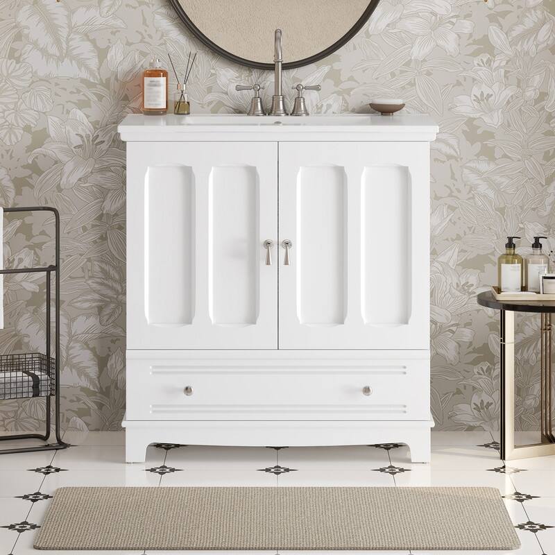30" Bathroom Vanity with Ceramic Sink, Adjustable Shelf, Drawer with Divider
