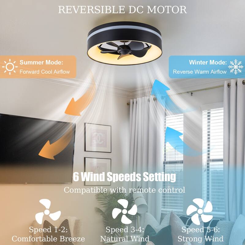 17.7" Modern Black LED Ceiling Fan with Light and Remote, Dimmable & Color Changing, 6 Speeds, Timer, Reversible Motor