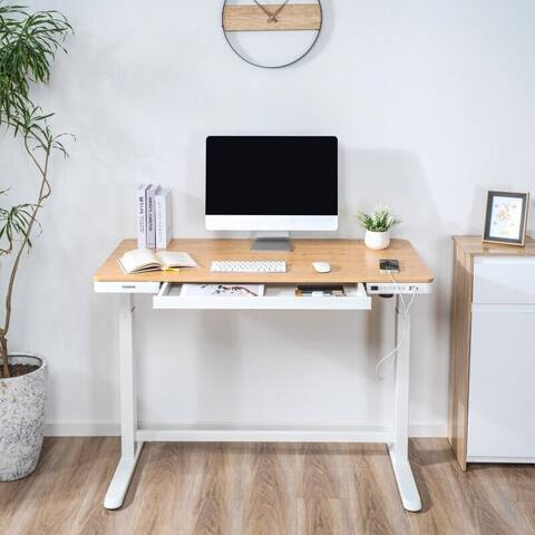 FLEXISPOT 48 Inch Bamboo Texture Top COMHAR Home Office Desk Height Adjustable Standing Computer Desk USB Charging