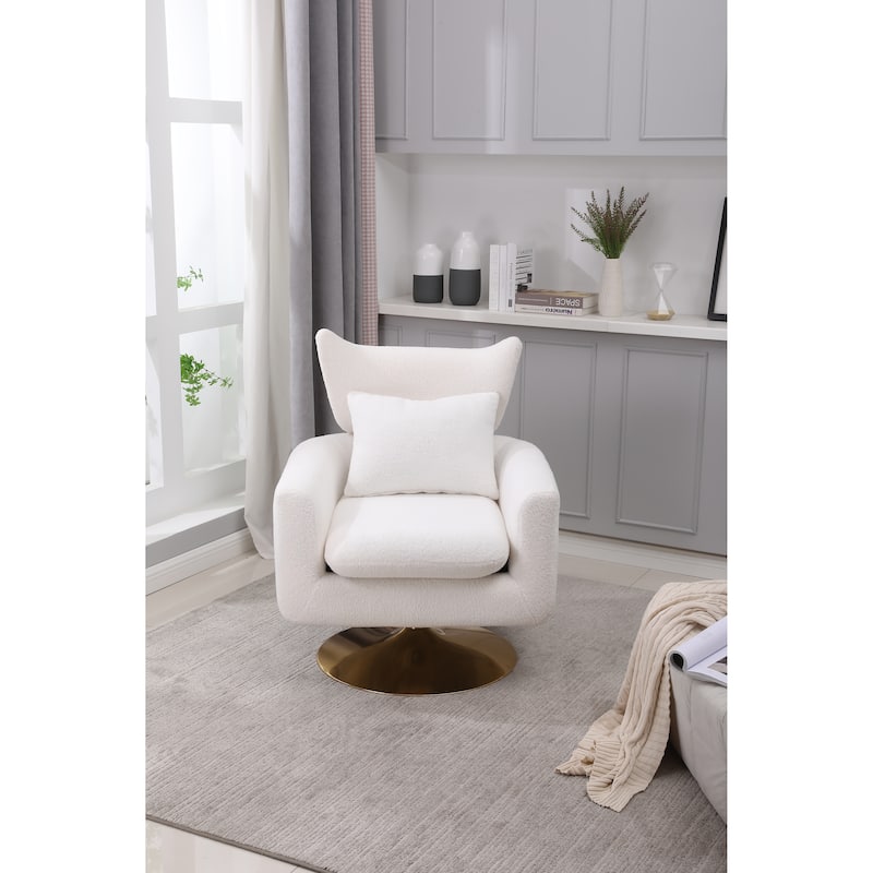 White Modern 29.9" Upholstered 360° Swivel Accent Chair with Iron Base and Pillow