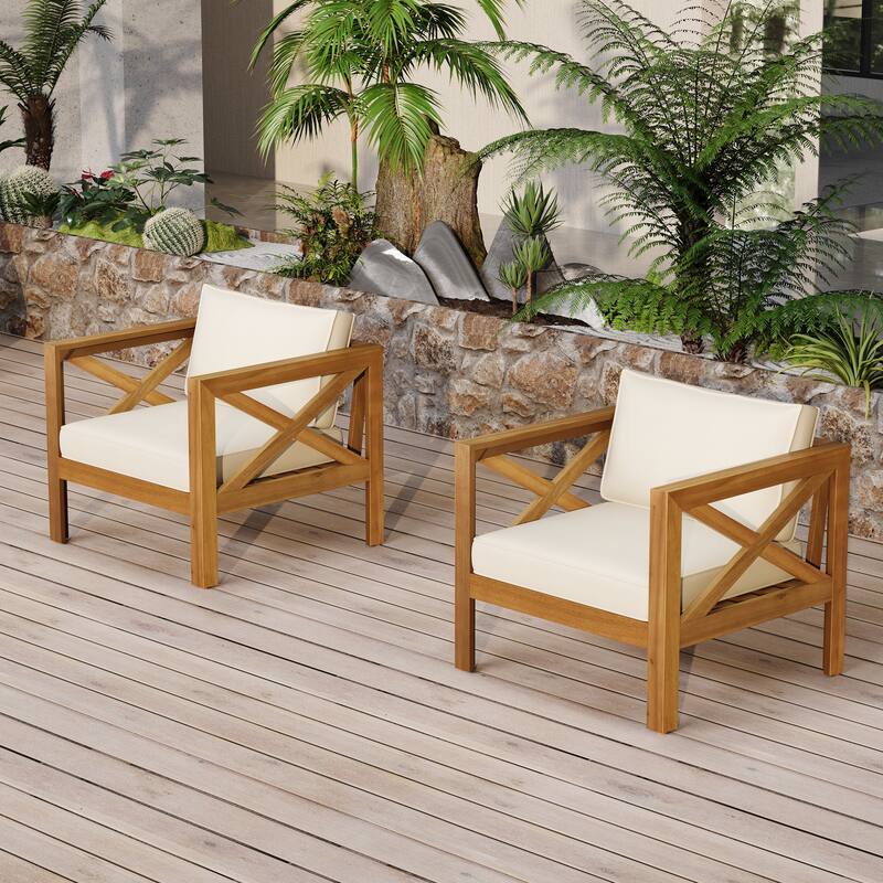 Outdoor Acacia Wood Club Wooden Armchair with Cushions ， Conversation Set,Teak Finish,Beige Cushion setof 4
