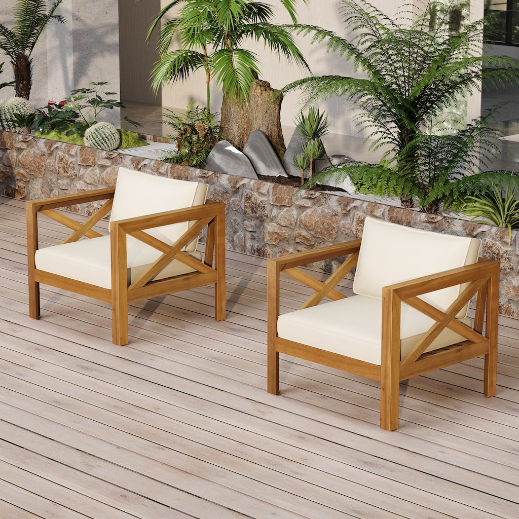 Roomfitters Outdoor Acacia Wood Club Chairs, Teak Finish Armchairs with Cushions