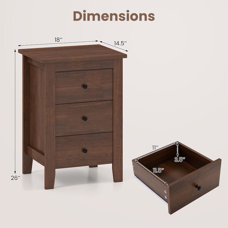 Costway 1PC/2PCS Nightstand End Beside Sofa Table w/ 3 Drawers Bedroom
