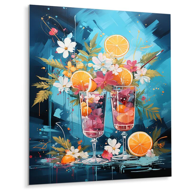 Designart "Cerulean Tom Collins Cocktail Flow" Cocktails Metal Wall Art Pink Wall Décor Traditional Metal Art Work