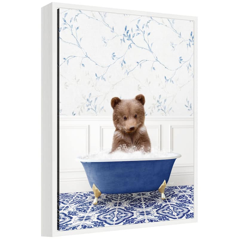Kate and Laurel Sylvie Bear Cub in Eclectic Blue Bathtub Framed Canvas by Amy Peterson - White
