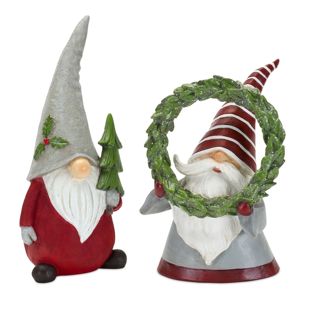 Set of 2 Gnomes Holding Christmas Tree and Wreath Figurines 10.75"