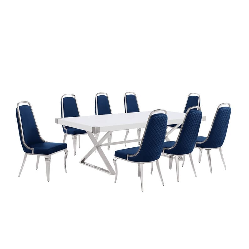Best Quality Furniture D442/3-SC310-7 Dining Set with 94" White Lacquer Wood Top