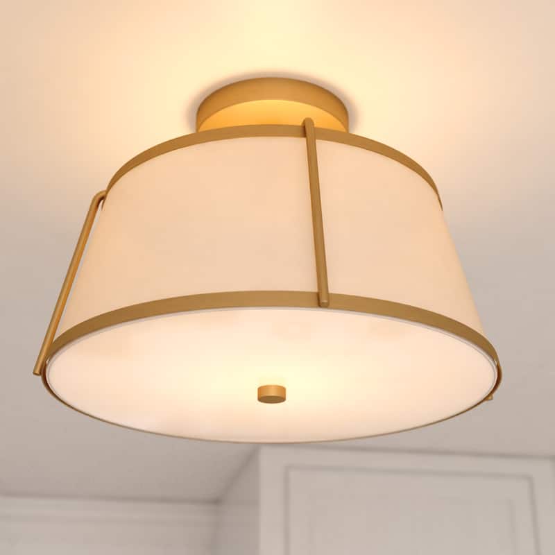 Marion 2-Light Mid-Century Modern Drum Semi Flush Mount Lighting Ceiling Fixture White Linen Shade for Entryway, Kitchen - Mystic Gold - 13-in W x 9-in H x 13-in D