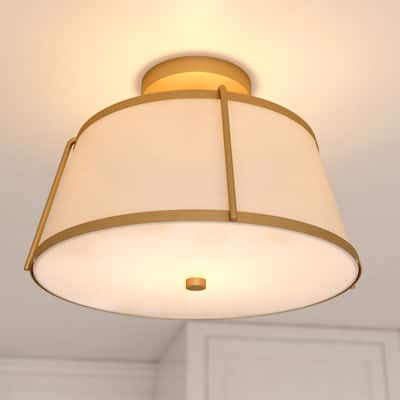 Marion 2-Light Mid-Century Modern Drum Semi Flush Mount Lighting Ceiling Fixture White Linen Shade for Entryway, Kitchen