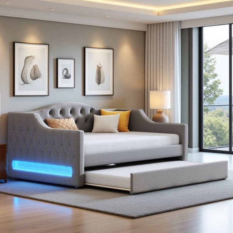 Full XL Upholstered Daybed with Trundle, Linen Fabric, LED Lighting, Sturdy Wood Frame, No Box Spring Needed