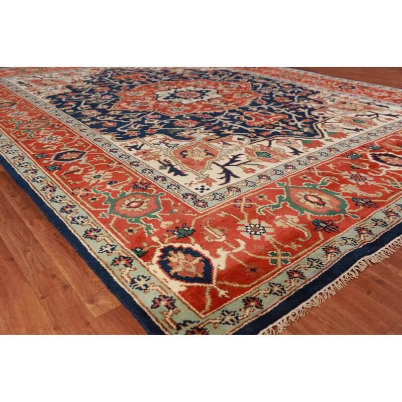 Hand Knotted Oriental 100% Wool Carpet Traditional Medallion Navy Blue & Blues Heriz (serapi) Area Rug - 11' 11'' X 9' 0''