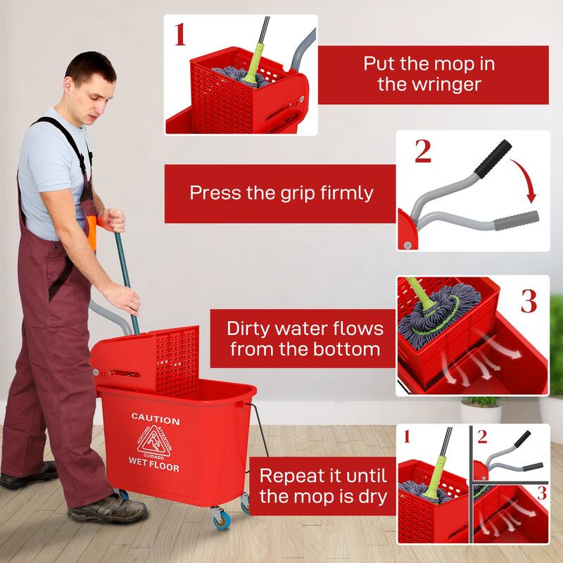 HOMCOM Mop Bucket with Wringer on Wheels for Floor Cleaning, 21 Quart, Separate Dirty and Clean Water