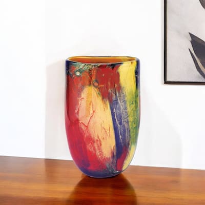 HomeRoots 11" Red Purple And Yellow Abstract Oval Murano Glass Table Vase