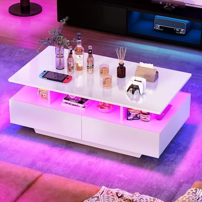Moasis Modern Glossy Coffee Table with Drawers & LED Lights for Living Room