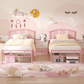 VECELO Kids Bed Frame with Headboard & Metal Slat,Twin Size Bed Set of 2