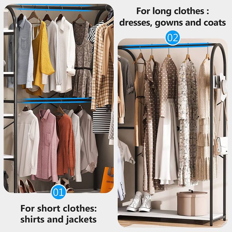 L Shaped Corner Garment Rack Clothing Rack with Storage Shelves and Side Hooks