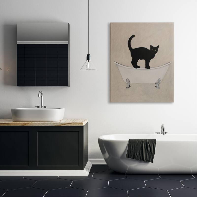 Stupell Black Cat Simple Claw Foot Bathtub Bathroom Painting Canvas Wall Art