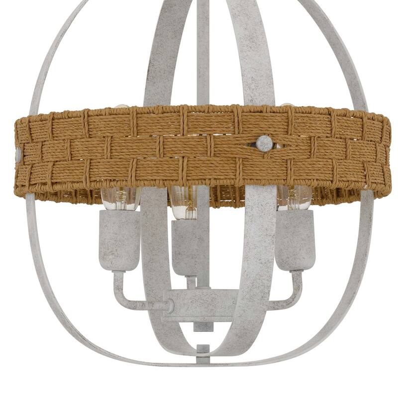 Baty Chandelier, 3 Light Rustic Rattan, Round White Metal 18 Inch
