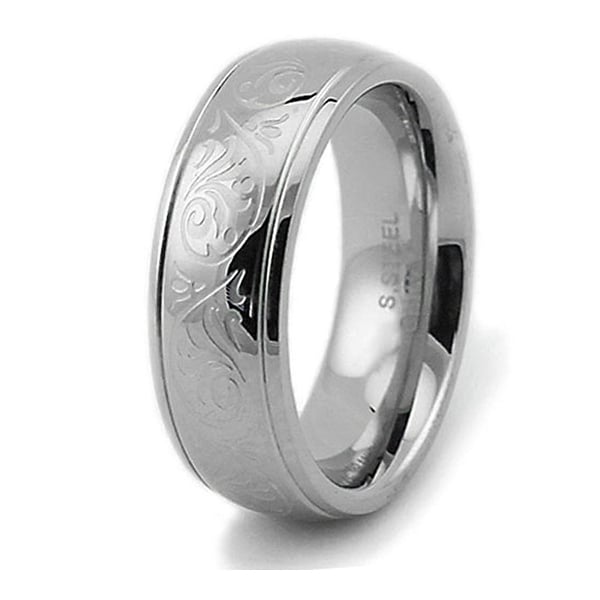 Engraved Floral Design Stainless Steel Women's Ring 7.5mm