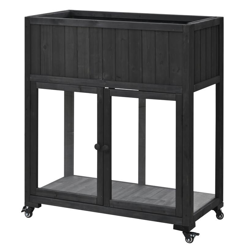 Mini Wood Cold Frame, Compact 2 Doors Garden Greenhouse with Wheels, Raised Bed with Liner for Indoor Outdoor Use - Black