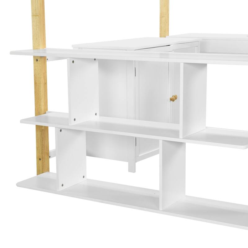 Wooden Loft Bed with Foldable Desk and Built-in Storage Cabinet, Wood Loft Bedframe with Full-Length Guardrails and Shelves