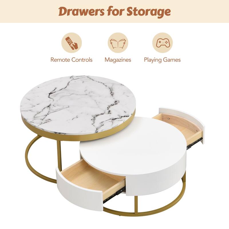 Modern Round Nesting Coffee Table with Drawers and Gold Metal Base