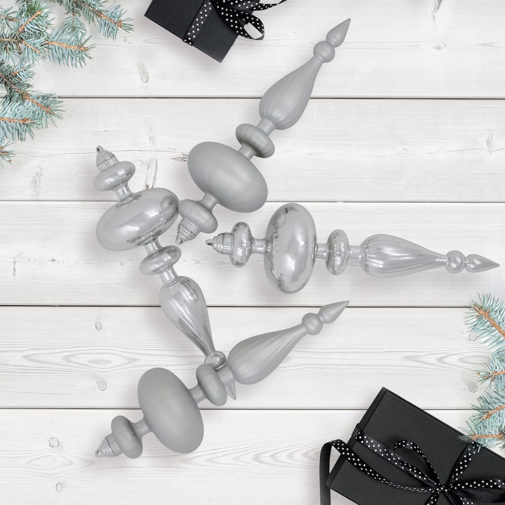 Commercial Size 2-Finish Christmas Finial Shatterproof Ornaments - Silver -12" - 4ct