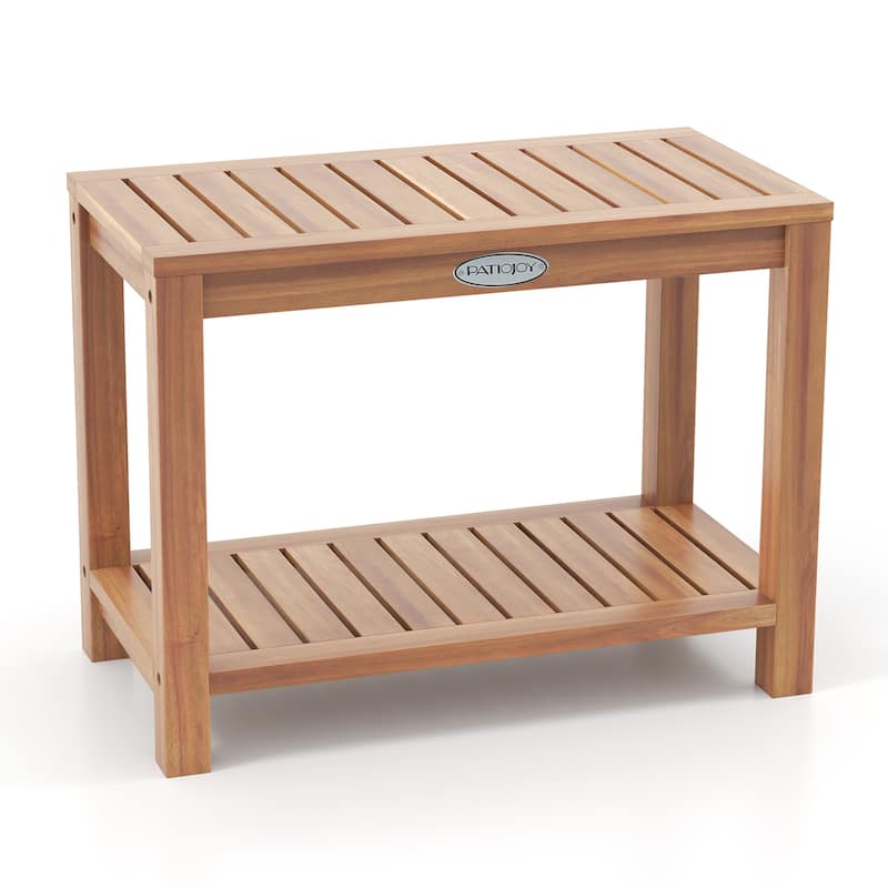 Gymax 24 Inch Teak Wood Shower Bench Inside Shower Stool w/ Storage
