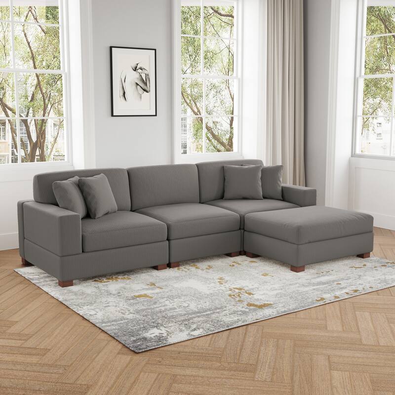 Ella 82" W/ 118" W Corduroy Modular Sectional Sofa with Ottoman