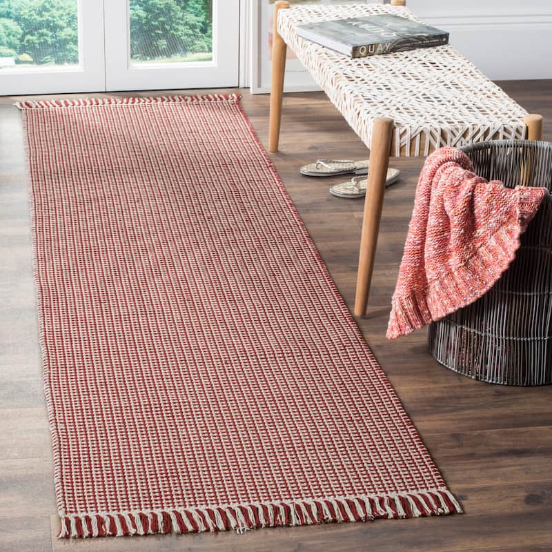 SAFAVIEH, Handmade Montauk Cliff Stripe Flatweave Cotton Fringe Rug - 2'3" x 12' Runner - Ivory/Red
