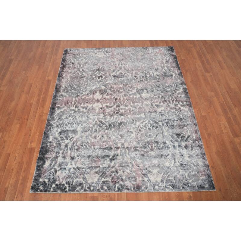 Hand Knotted Oriental Viscose Silk Carpet Modern Floral Greys & Charcoal Abstract Area Rug - 6' 11'' X 5' 6''