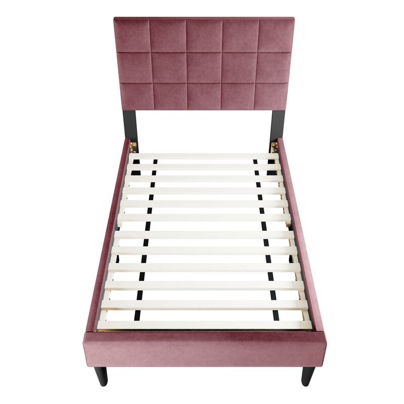 Adjustable Headboard Twin Bed with Brushed Linen Fabric & Biscuit Tufting Design