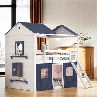Full Size House Shaped Bunk Beds With Bed Curtains