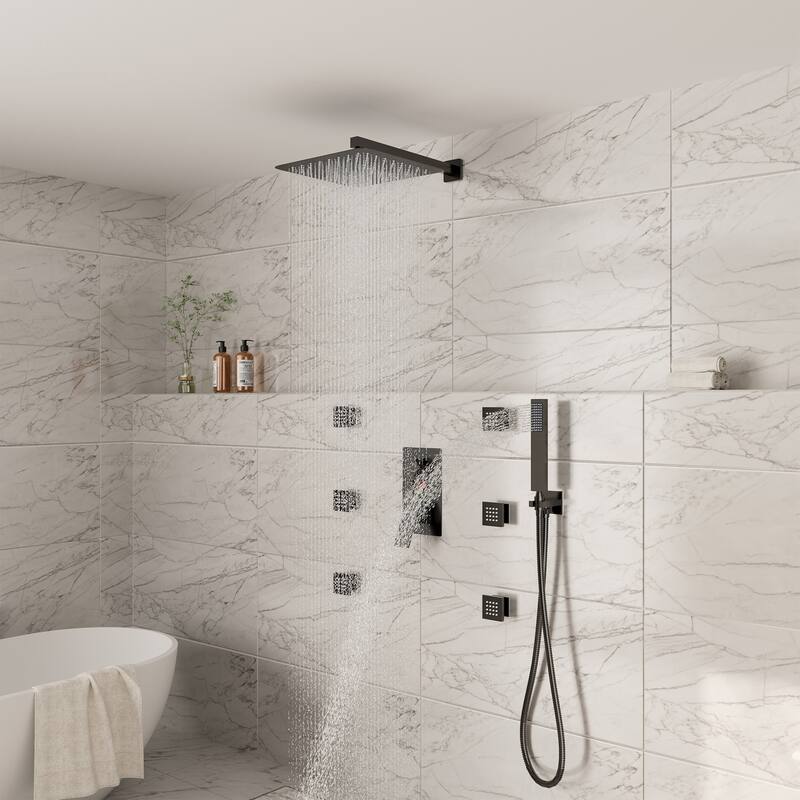 Pressure-Balanced 3-Spray 12 in. Wall Mount Shower System with Handheld Shower Head and 6 Body Jets - 12" x 12"