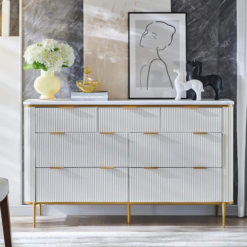 Modern Fluted 7 Drawers Dresser for Bedroom, 54" Dresser TV Stand - Off White