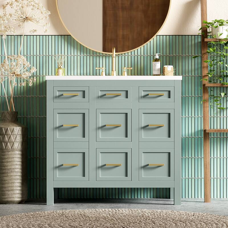 36" Bathroom Vanity Cabinet with Center Rectangular Resin Sink, 4 Drawers Bathroom Storage Cabinet w/ Adjustable Shelves, Green