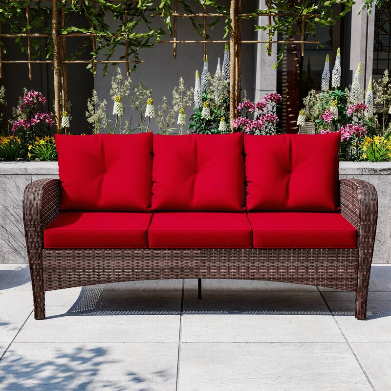 Cozywor 72"Wide 3-Seat Brown Wicker Outdoor Sofa, Couch Patio Sofa with Deep Seating and Thick Cushions, Red