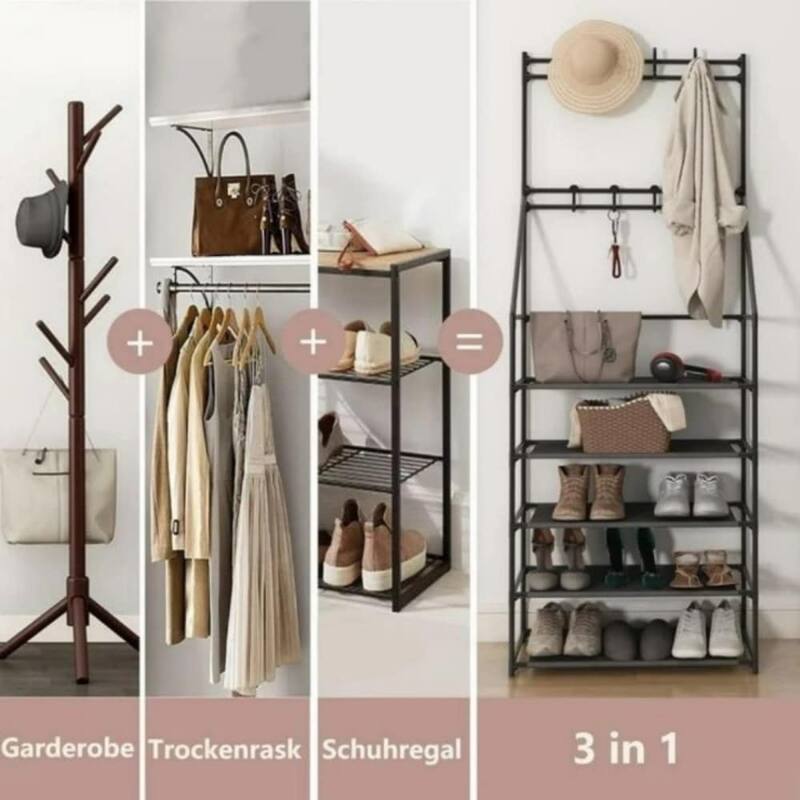 5-Tier Narrow Shoe Rack with 8 Hooks, Organizer for Shoes, Coats
