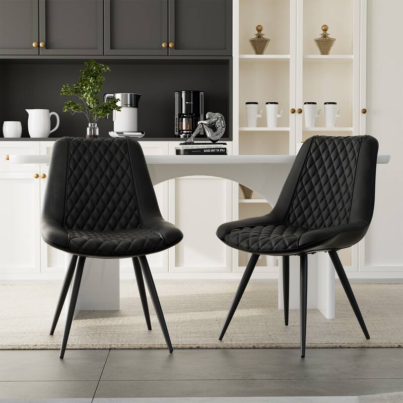 ​2-Pack Black PU Leather Dining Chairs - Diamond Stitch Ergonomic Design w/Iron Frame - Black