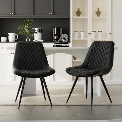 ​2-Pack Black PU Leather Dining Chairs - Diamond Stitch Ergonomic Design w/Iron Frame